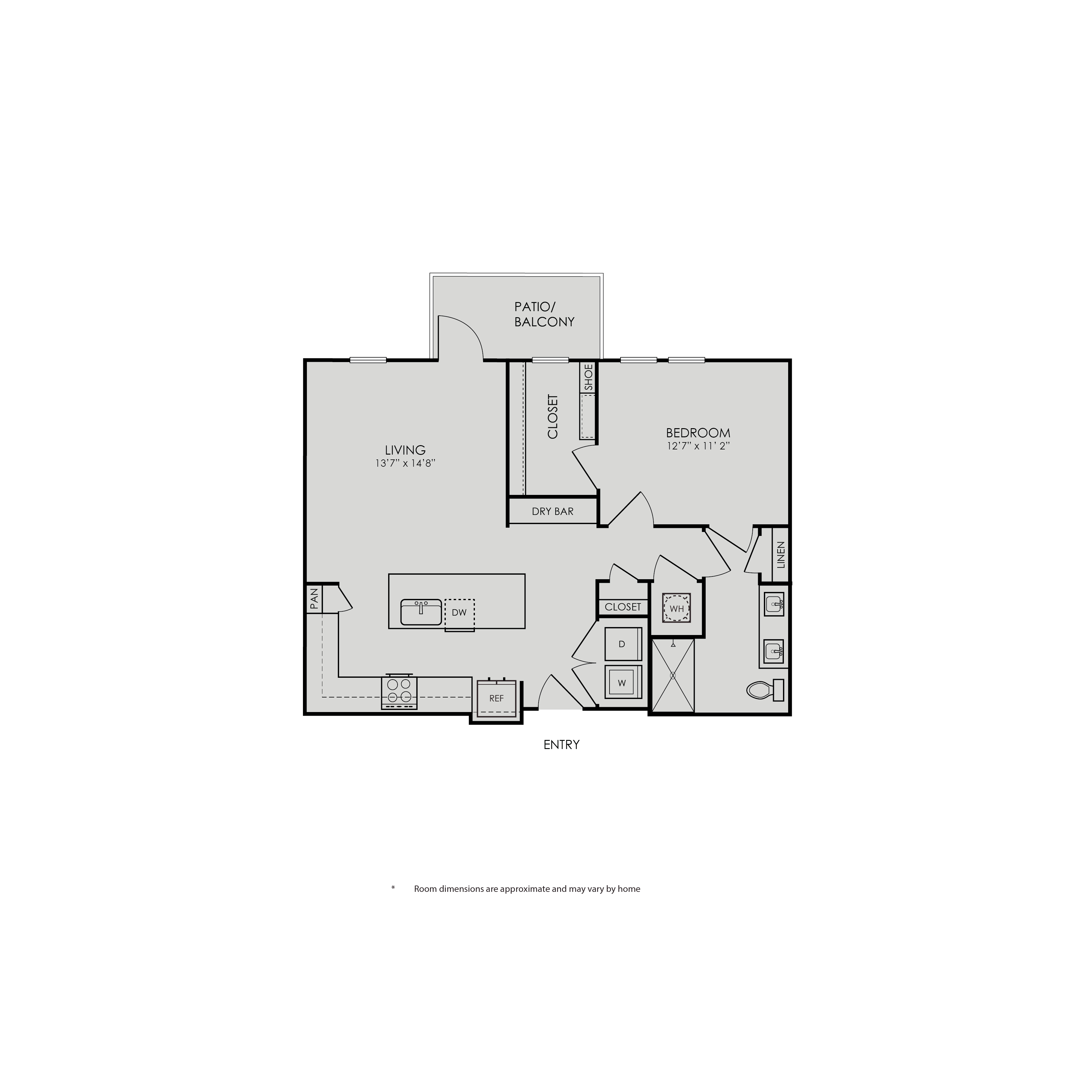 Floor plan for 1 bed, 1 bath, 848 sqft